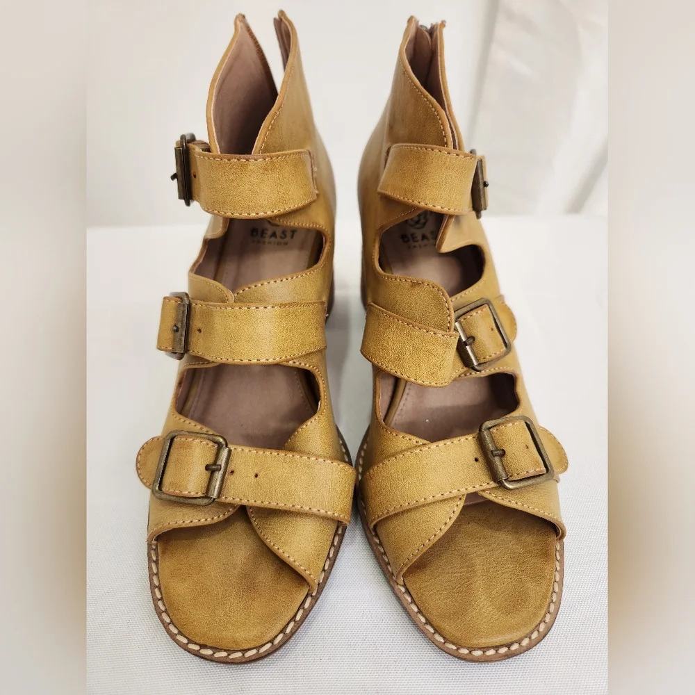 Beast Fashion Mustard Cutout Buckle Block Heel Sandals – Size 8.5 - Picture 2 of 10